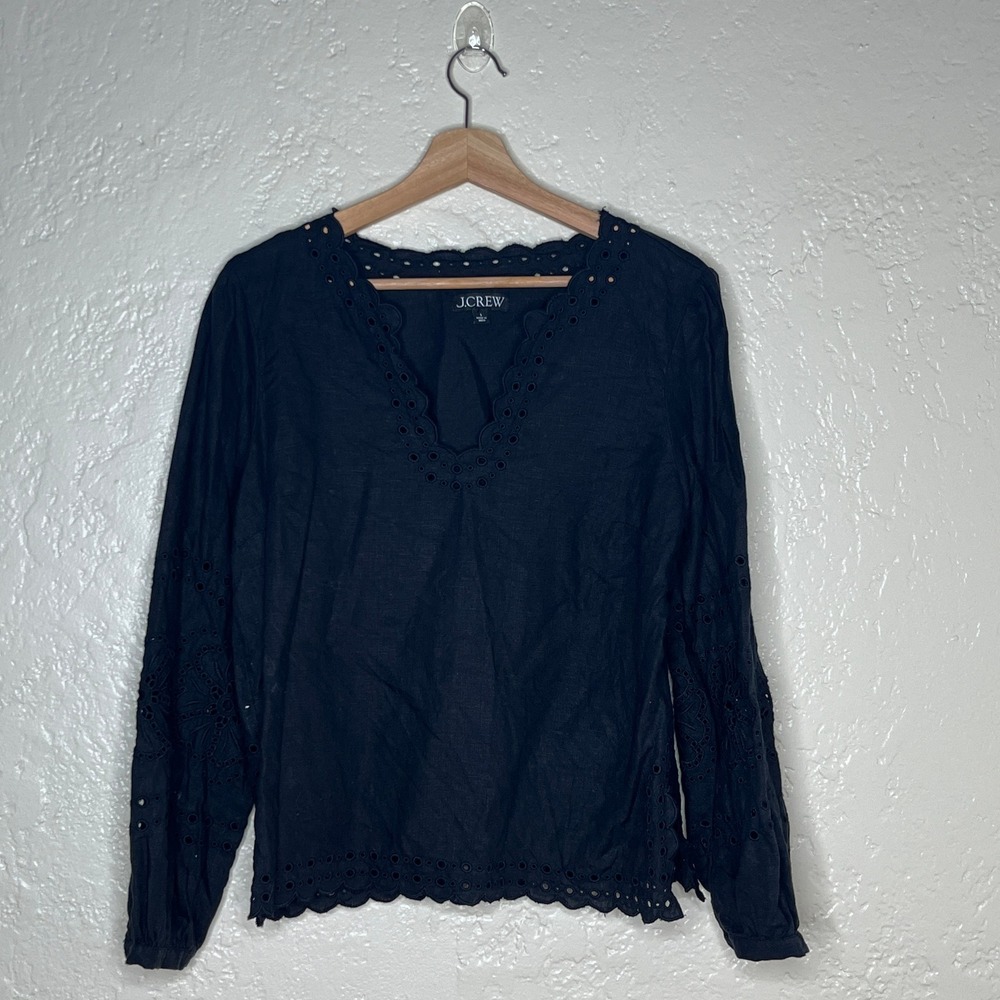J.Crew Black Eyelet Linen Bungalow Top V-Neck Scalloped Blouse BR741 Womens S
